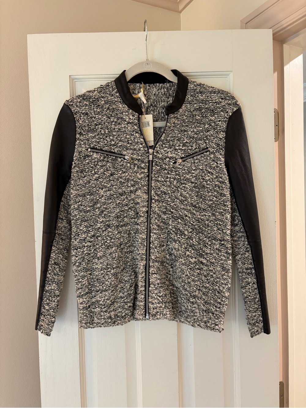 Maje Black & Gray Tweed Bomber Jacket